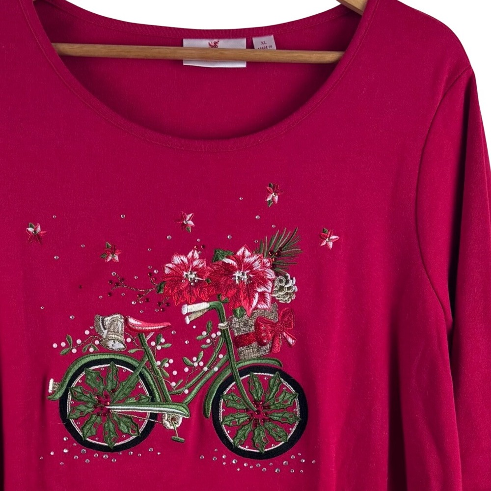 Quacker Factory Top Women XL Red Holiday Poinsettia Bicycle Rhinestone 3/4 Slv